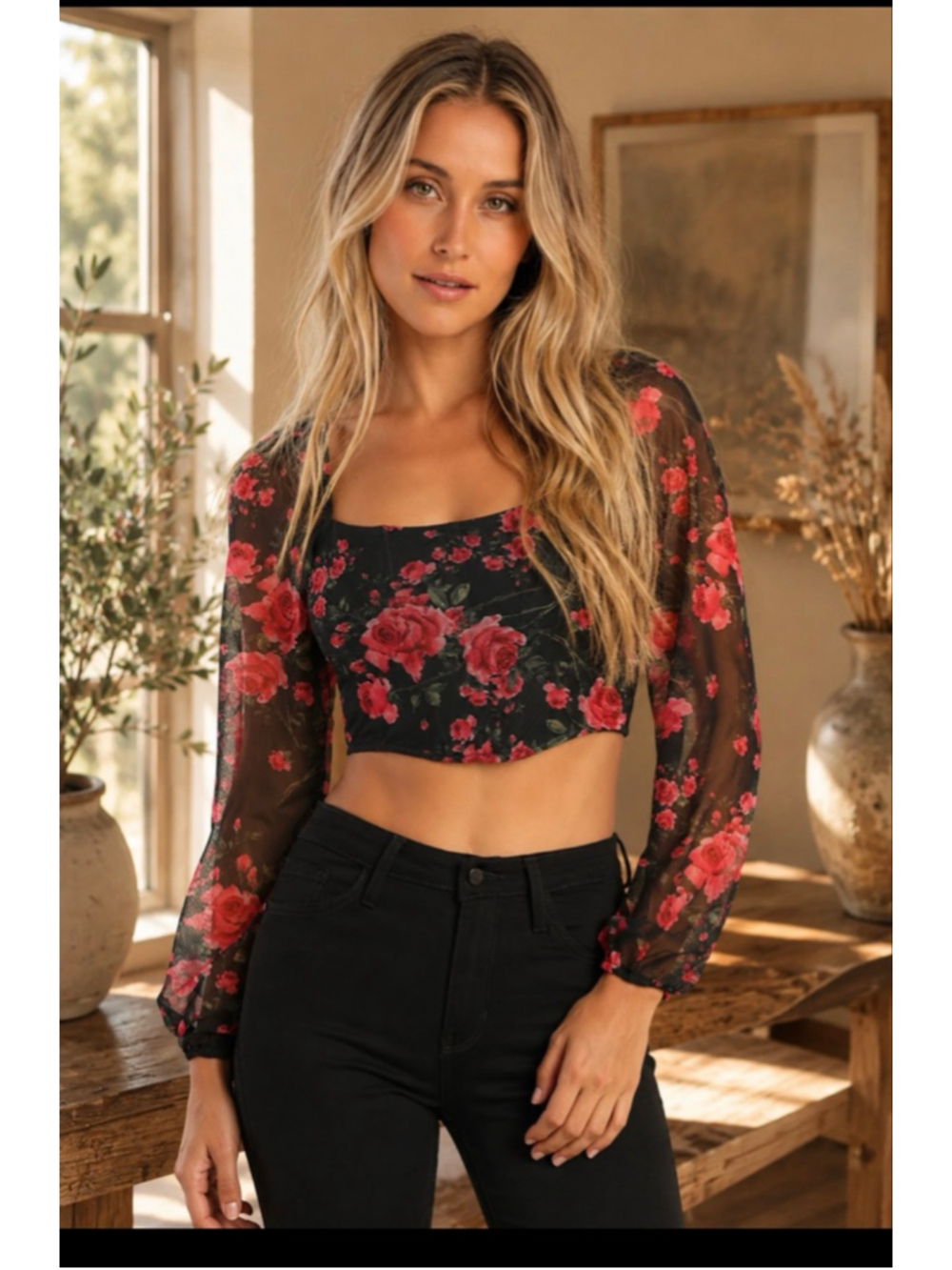 Women's Lulus Black Red Floral Mesh Long Sleeve Crop Top S